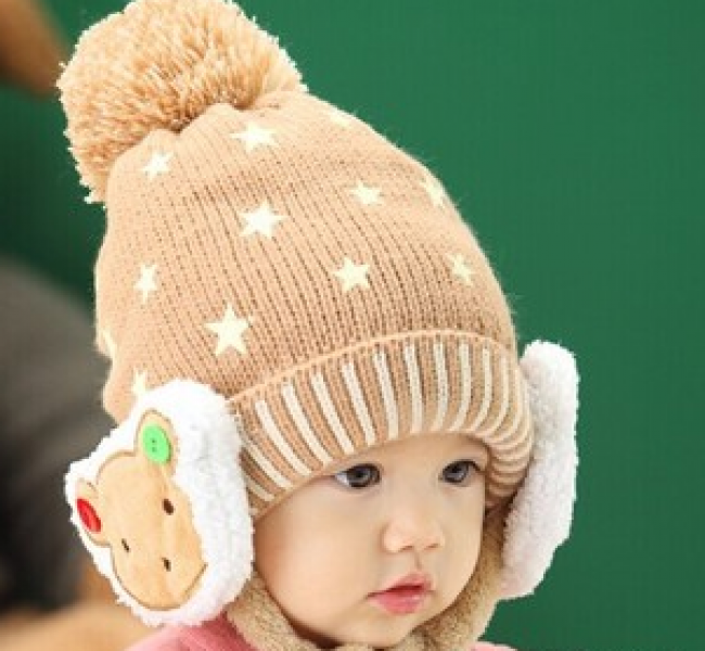 Cute Winter Star Fashion Knitted Hat with Bear Fleece Ear Muff Kids